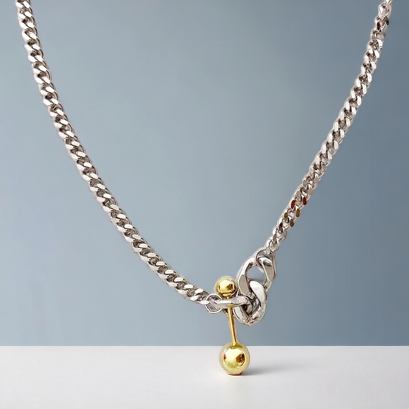 ๐๏ธ Two Tone 18K Gold Plated Link Chain Gold Ball Bar Necklace - Picture 3 of 6